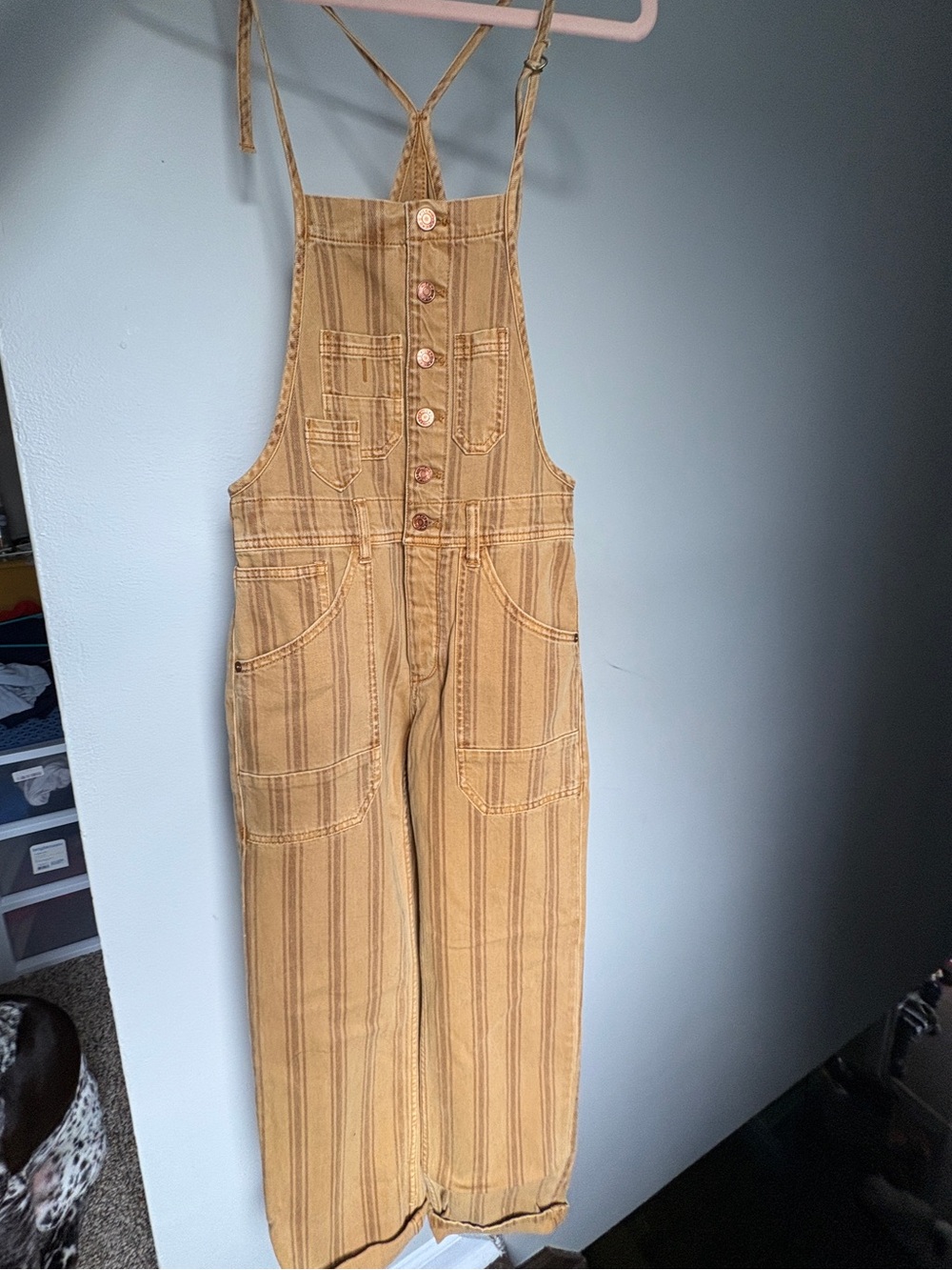 Anthropologie Pilcro Striped Camel Brown Button-Front Overalls - Picture 3 of 14
